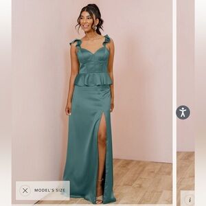 Revelry Piper satin bridesmaid dress- eucalyptus